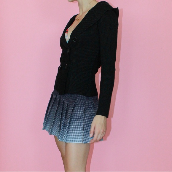 VTG y2k Black Ribbed Knit Double-Breasted Long Sleeve Hoodie Cardigan - Small - Picture 3 of 10